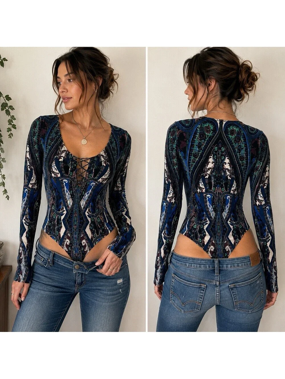 Free People Paisley Thong Bodysuit M Lace Up Long Sleeve Y2K Boho Whimsigoth